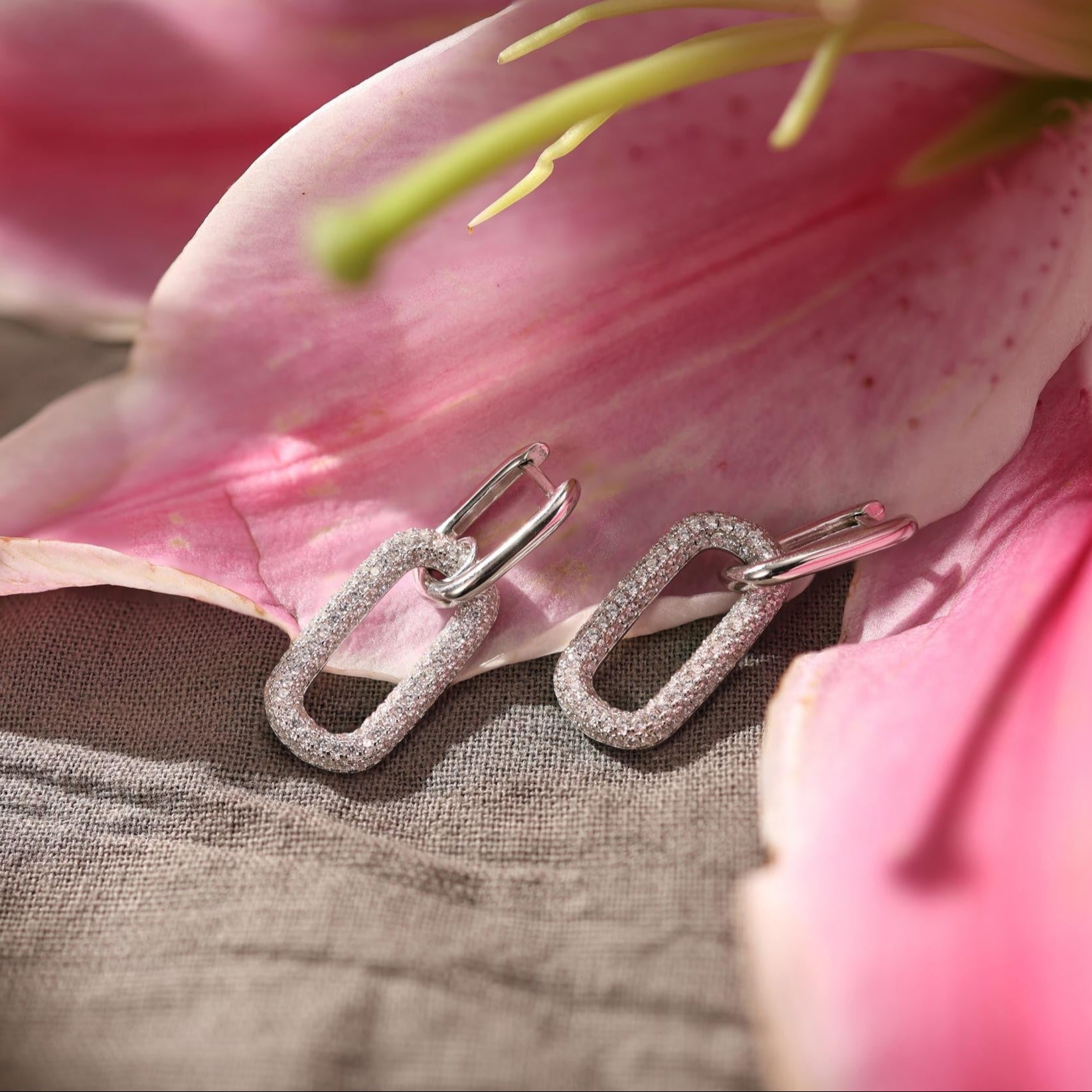 Silvbreeze Ona Paperclip Drop Earrings in silver with pave detailing, styled in a soft flower scene for a delicate close-up look.