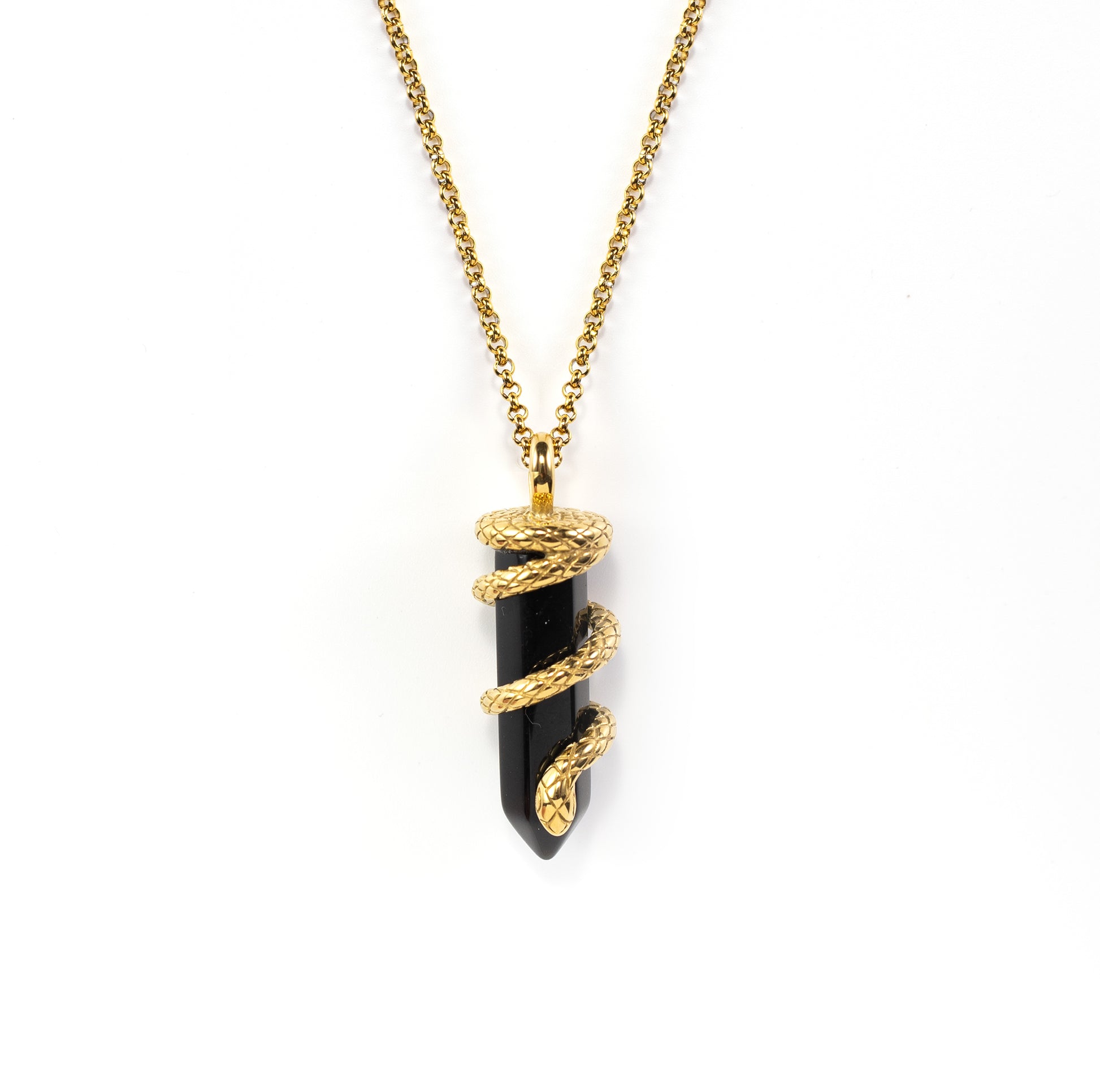 Silvbreeze Ouroboros serpent necklace featuring a coiled gold serpent around a black obsidian gemstone on a clean white background