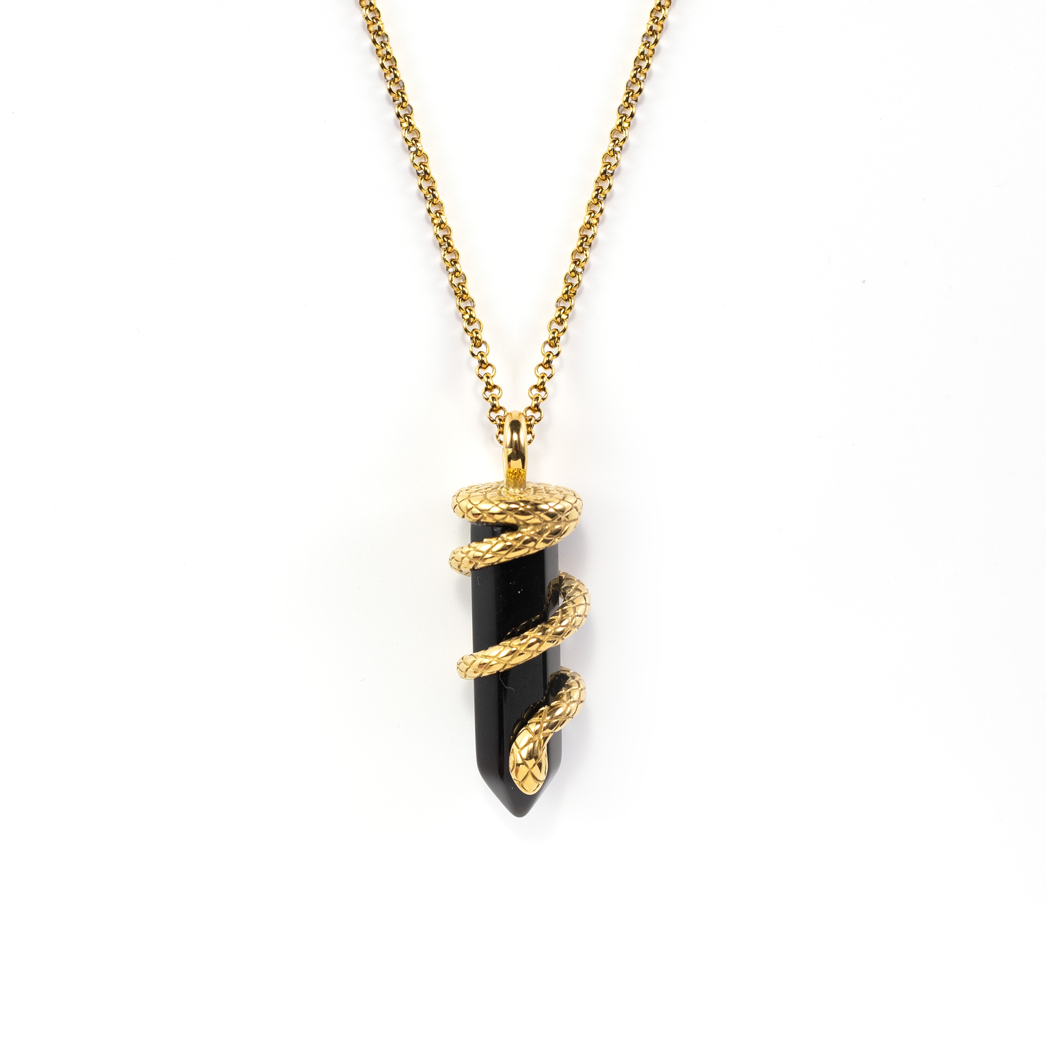 Silvbreeze Ouroboros serpent necklace featuring a coiled gold serpent around a black obsidian gemstone on a clean white background