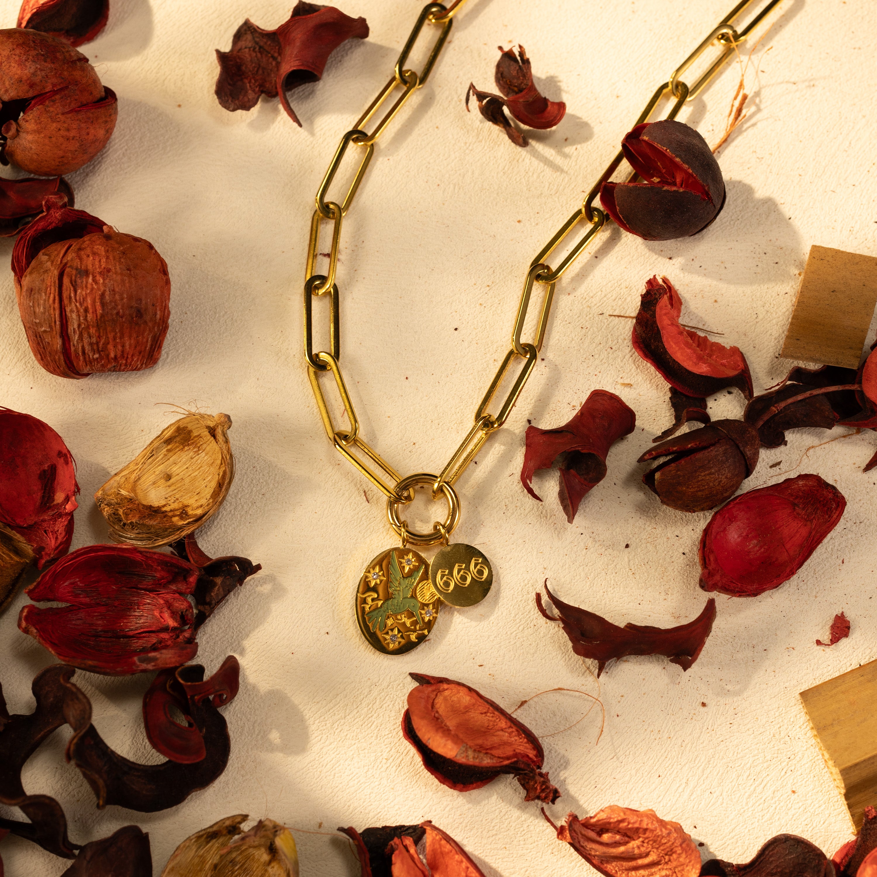Lifestyle photo of an 18K gold-plated paperclip O-clasp charm holder necklace with a laser-engraved hand-painted green bird pendant and an angel number 666 disc among dried botanicals.