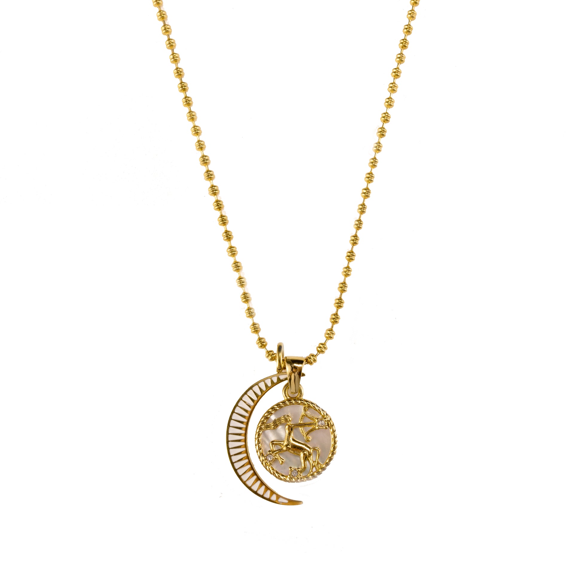 Gold Sagittarius zodiac necklace with bead chain and crescent moon charm, Lunara design by Silvbreeze, displayed on a clean white background