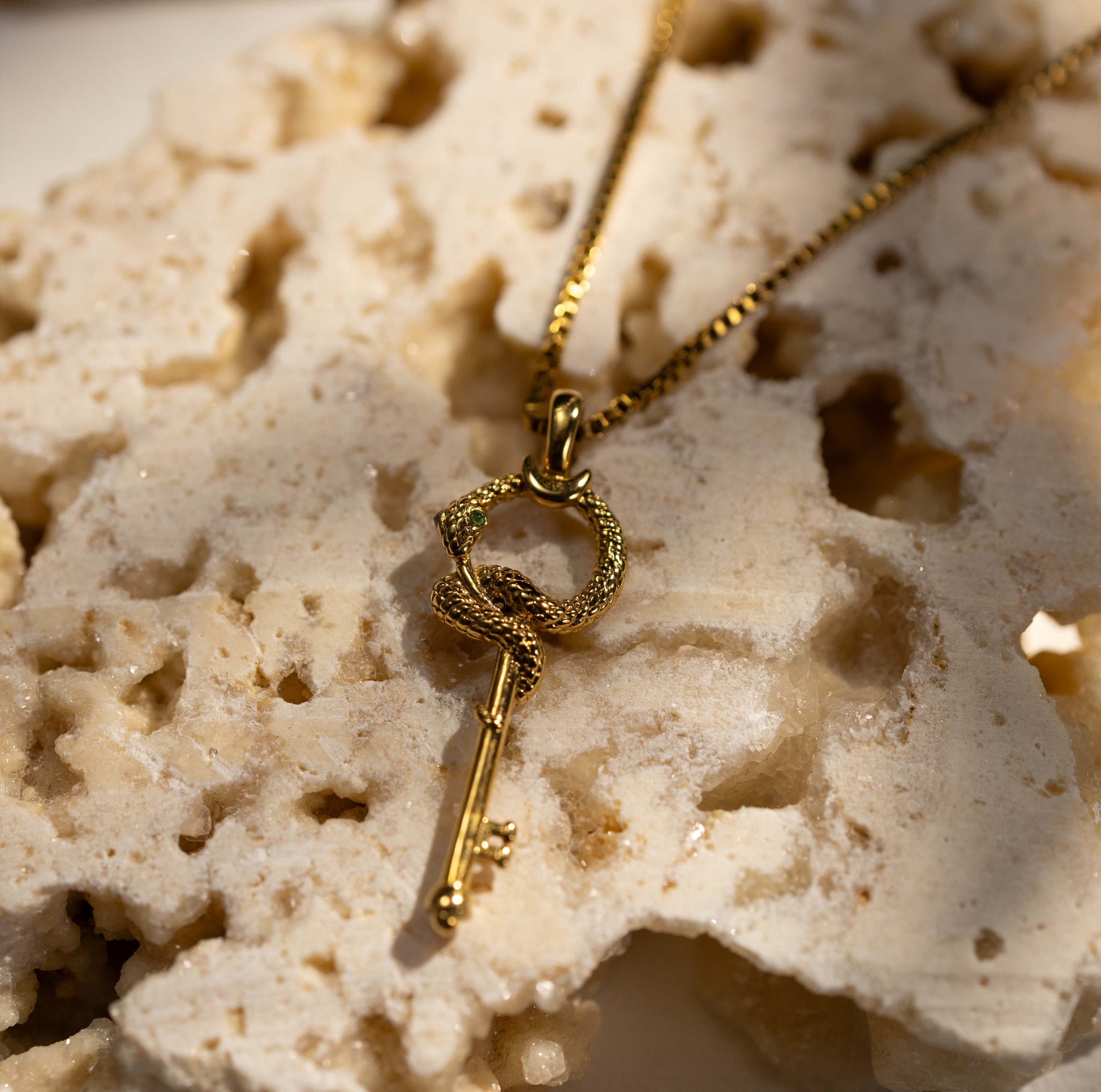 Silvbreeze gold serpent key necklace photographed on textured stone, capturing depth, shadow, and symbolic detail