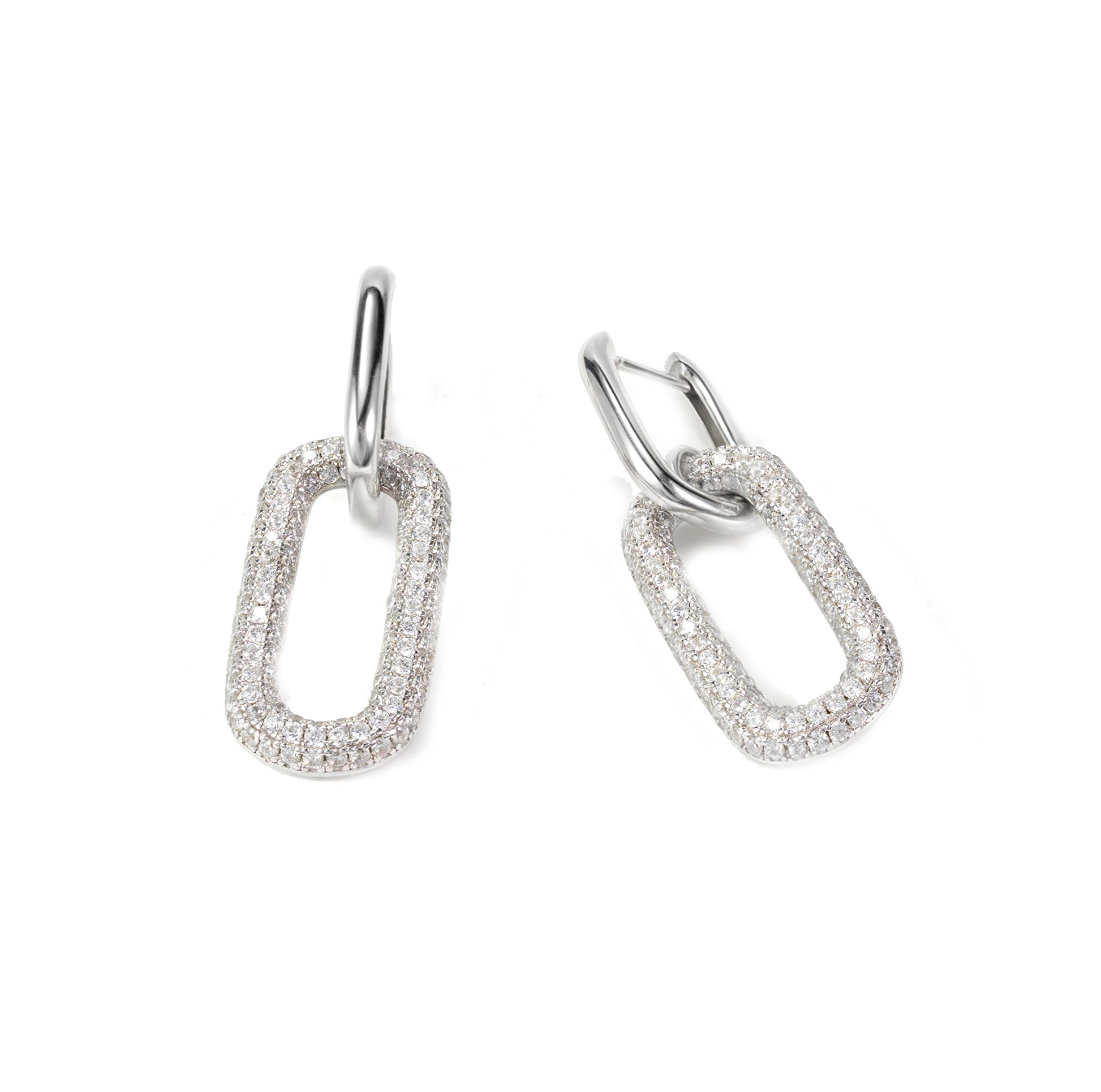 Silvbreeze silver paperclip drop earrings with pavé stones, modern minimalist rectangular dangle hoops on clean background