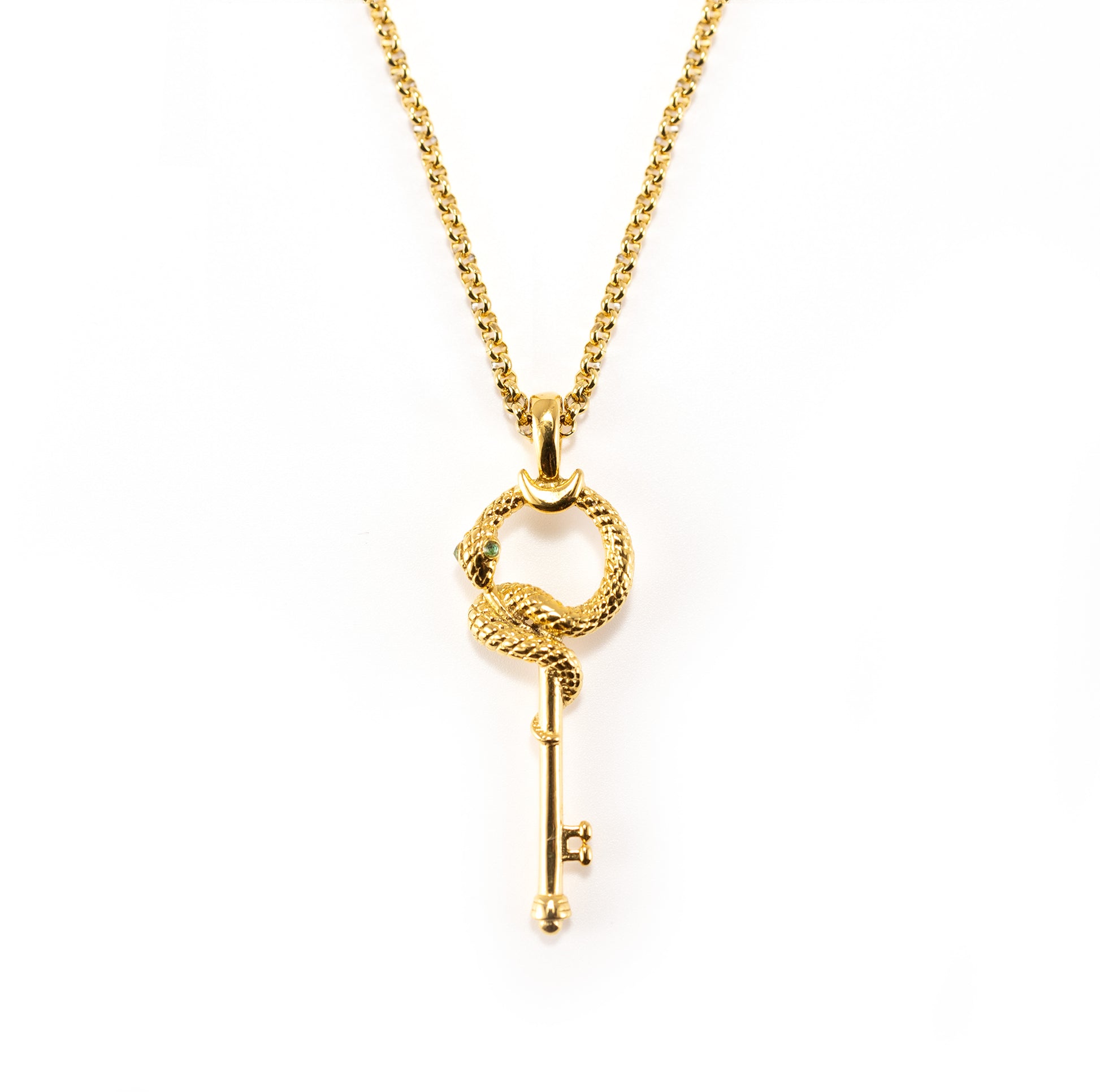 Silvbreeze gold snake key necklace crafted from stainless steel with a coiled snake design on a clean white background