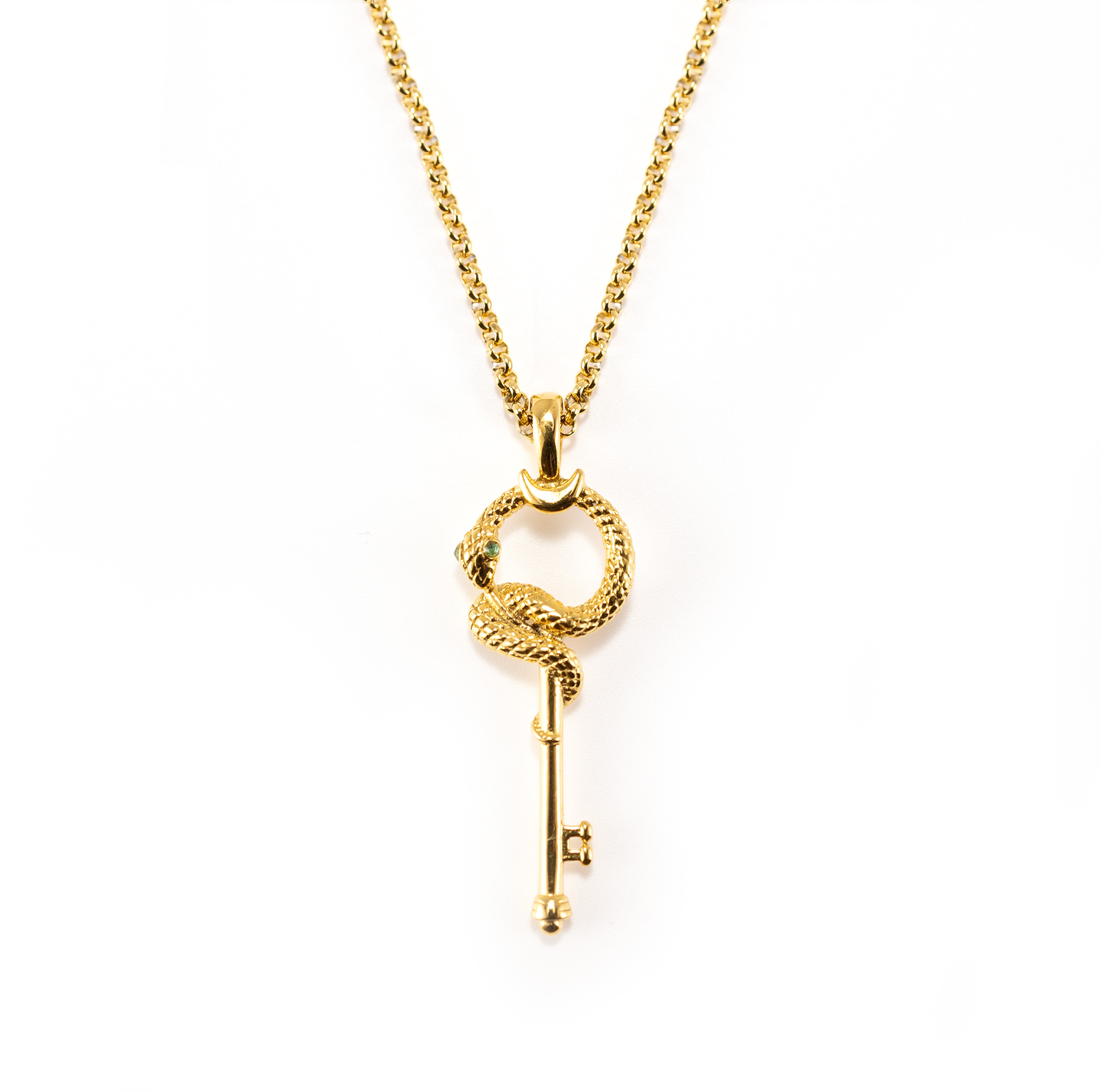 Silvbreeze gold snake key necklace crafted from stainless steel with a coiled snake design on a clean white background