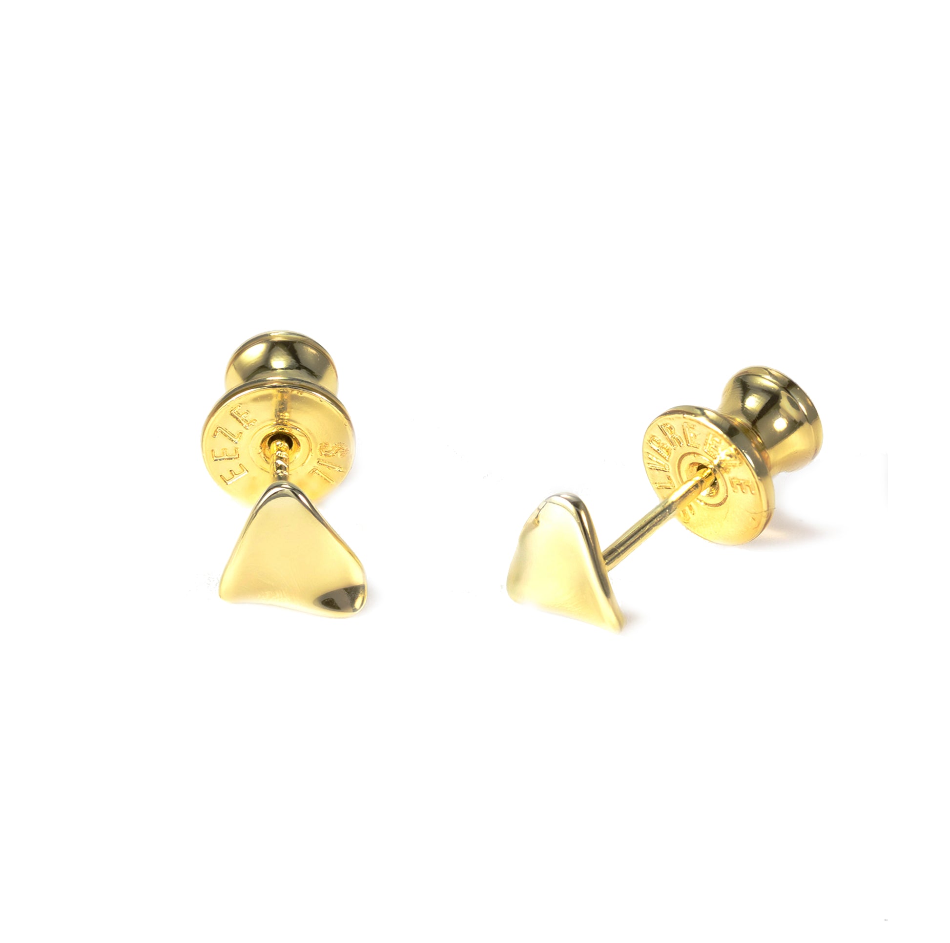 Tria 14K gold vermeil triangle stud earrings in solid sterling silver with secure screw backs, smooth edges, lightweight hypoallergenic everyday jewelry, displayed on a clean white background