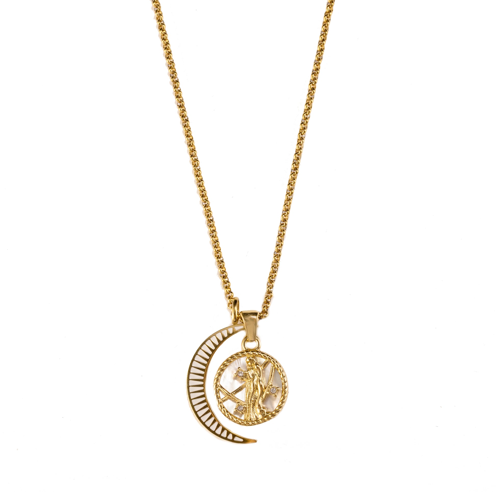 Gold Virgo zodiac necklace with rolo chain and crescent moon charm, Lunara design by Silvbreeze, displayed on a clean neutral background