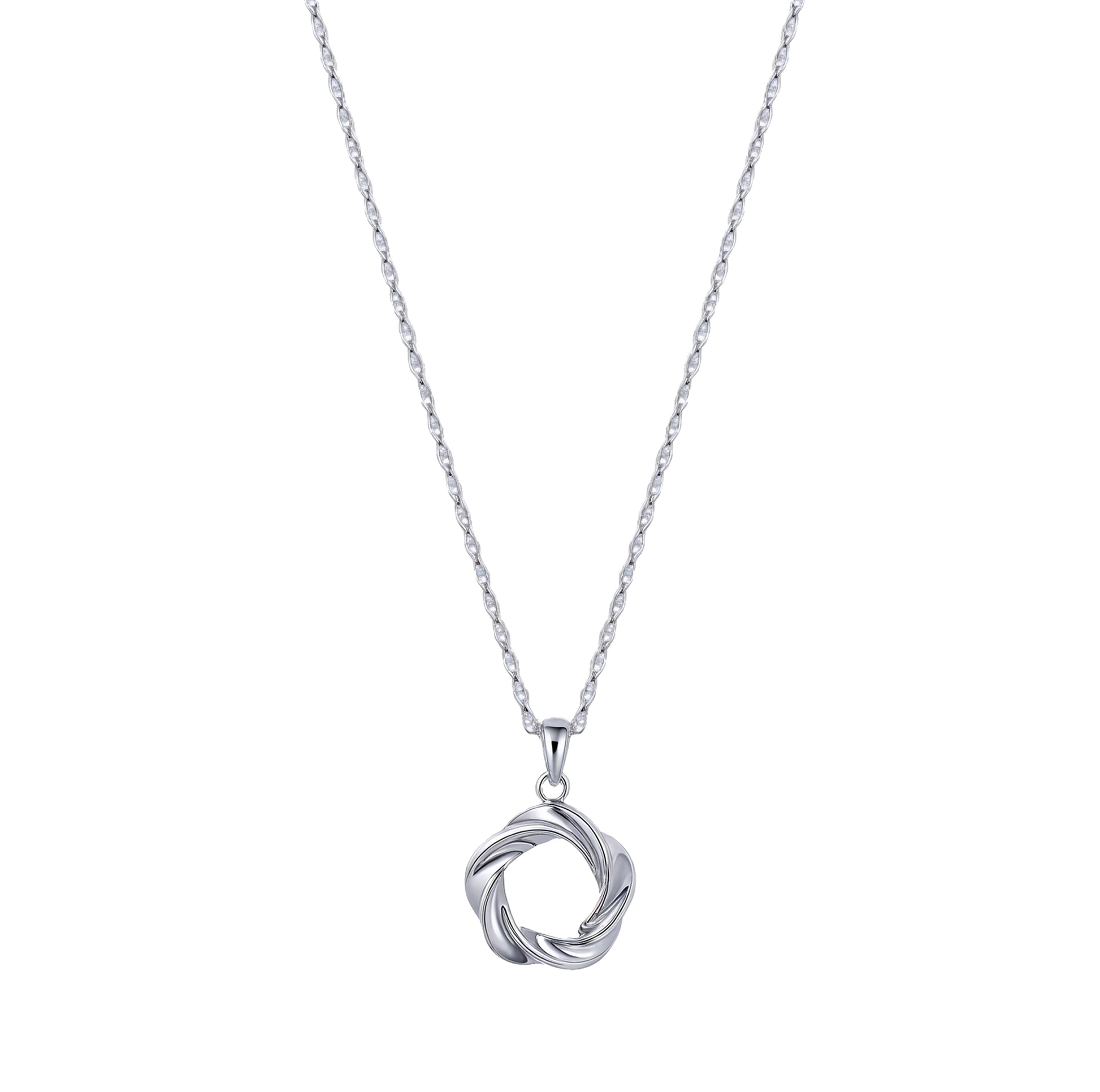 Vorta white gold vermeil sterling silver pendant necklace with sculpted interwoven circle design, lightweight waterproof athleisure jewelry, displayed on a clean white background