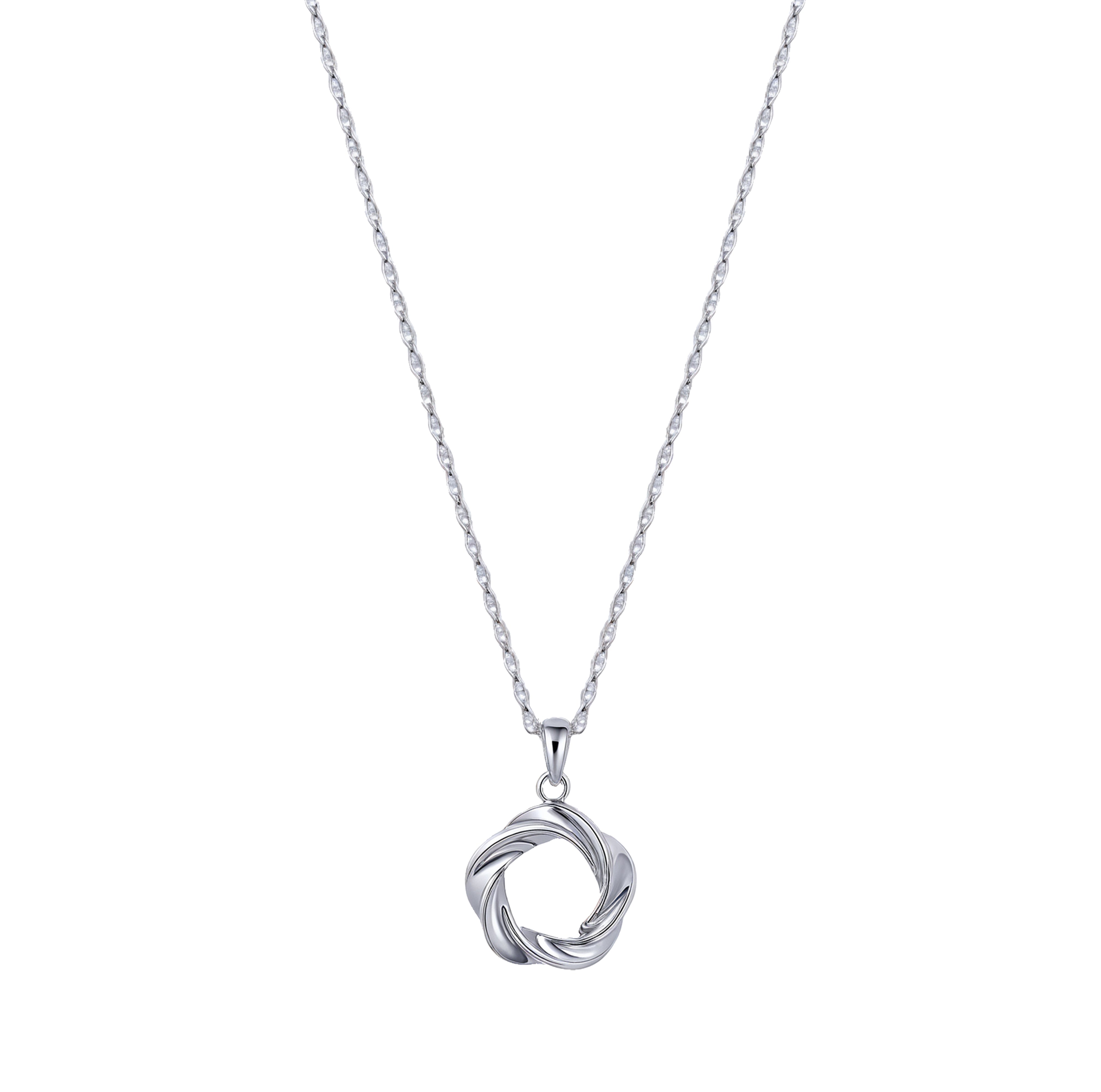 Vorta white gold vermeil sterling silver pendant necklace with sculpted interwoven circle design, lightweight waterproof athleisure jewelry, displayed on a clean white background