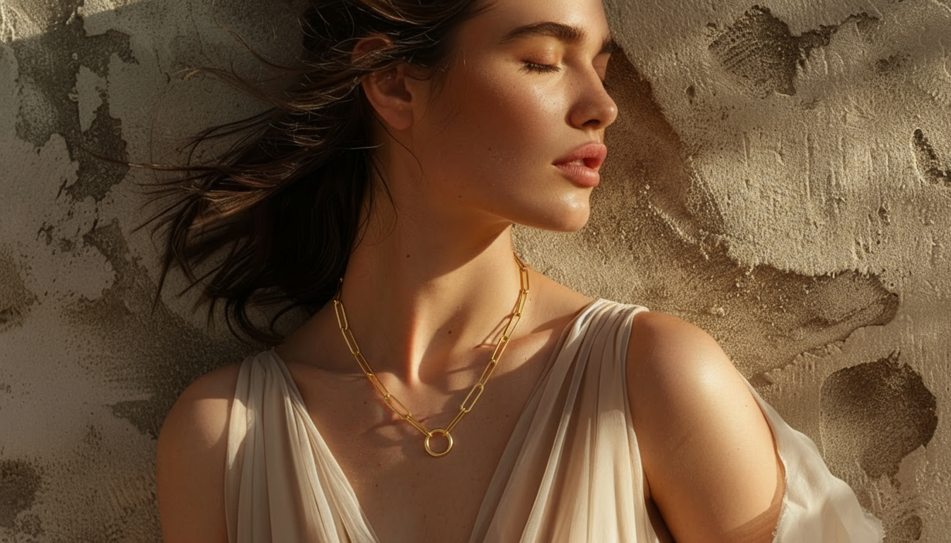 Model wearing a gold paperclip chain with an O-clasp from Silvbreeze, captured in warm sunlight for the Who We Are hero section.